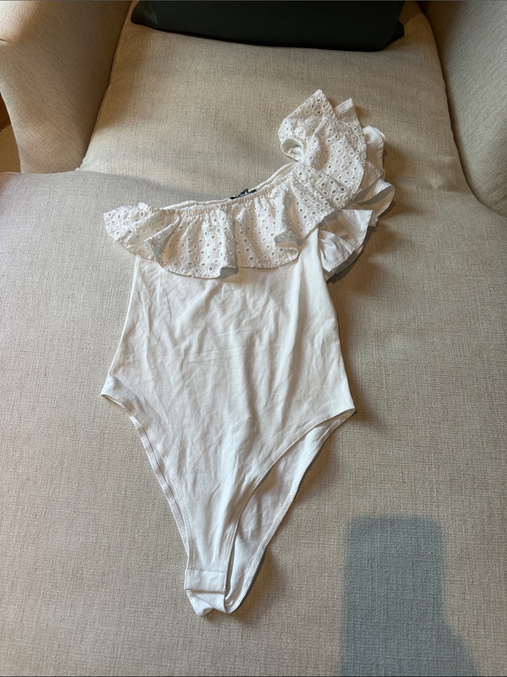 Zara One-Shoulder Eyelet Ruffle Bodysuit - White
